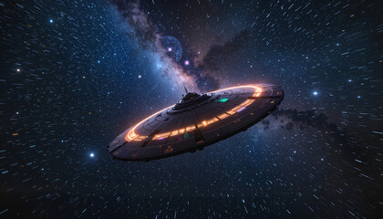 Obraz premium Futuristic Grey Spacecraft With Orange Illumination Against Starry Space Background