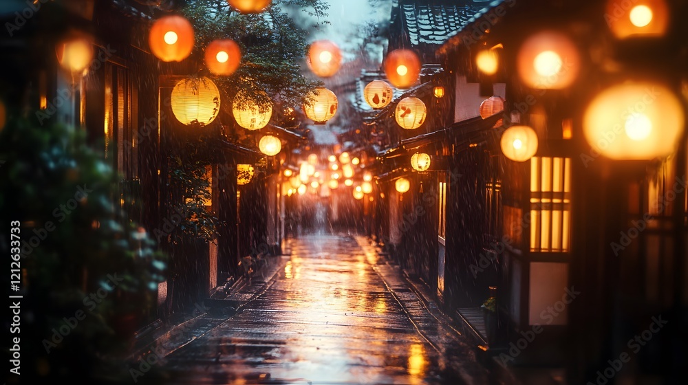 Poster tranquil night scene in a lantern-lit alleyway with rain reflections, capturing the serenity and cha