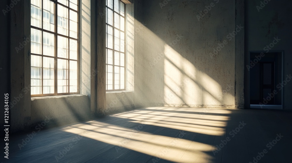 Poster Sunlight streams through large windows in a spacious empty room