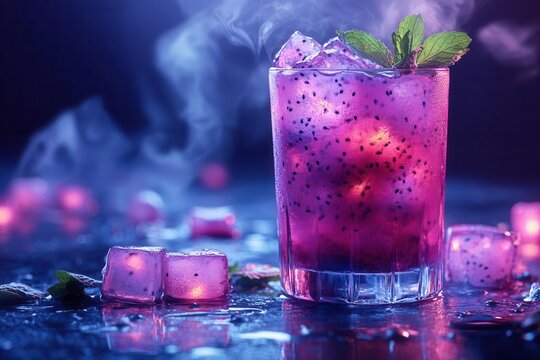 exotic dragon fruit mojito with smoke effects, neon-lit ice cubes, and floating mint leaves against deep purple background