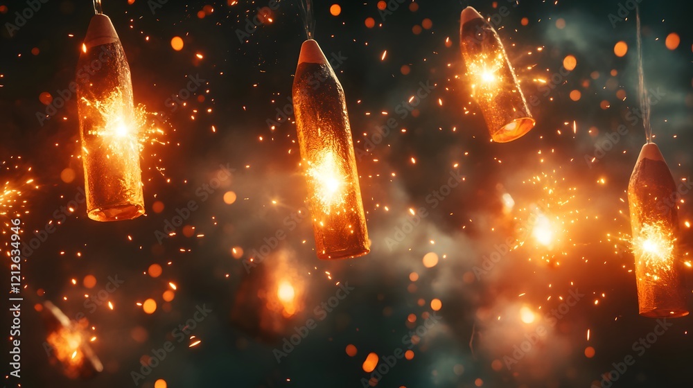 Poster Captivating Display of Fireworks with Sparkling Trails and Glowing Embers Illuminating a Dark Background in a Festive Atmosphere for Celebrations and Event Decor