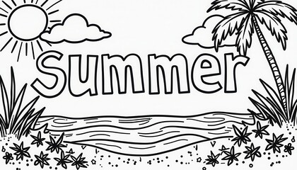 Obraz premium Summery Beach Scene: Sun, Clouds, Palm Tree, and Written Word Summer
