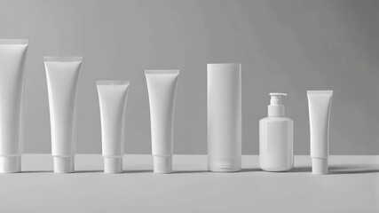 Minimalist progression of white cosmetic containers on gray background