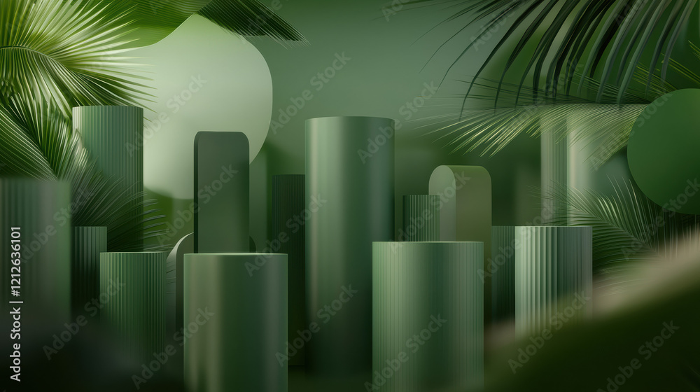 Aufkleber Abstract shapes in earthy green tones with palm leaves create serene atmosphere