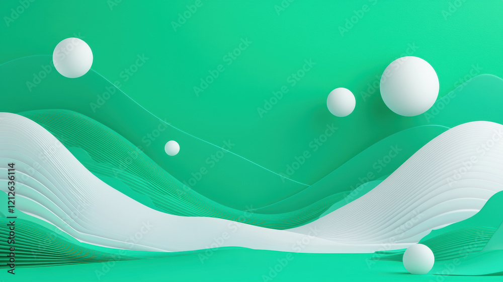 Poster abstract shapes create serene landscape with green tones and white spheres, evoking sense of calm an