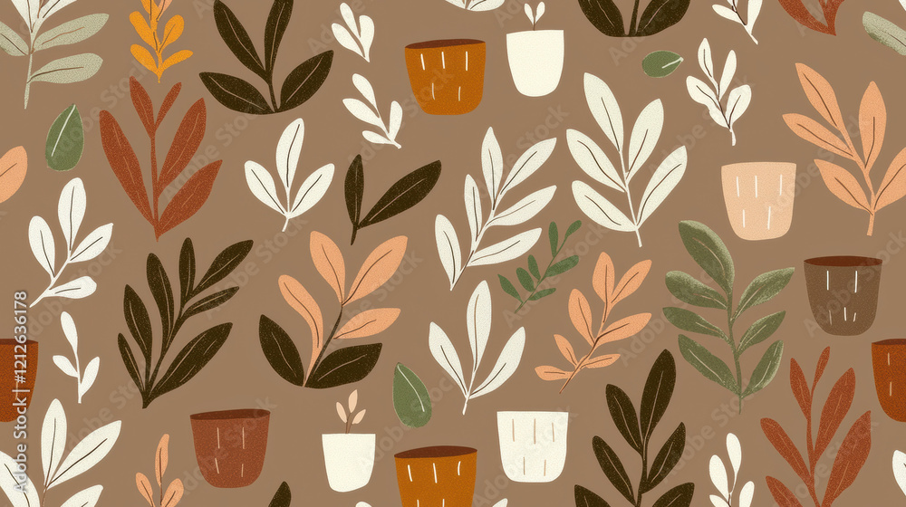 Poster earthy tones with faint pattern of leaves and pots create calming design