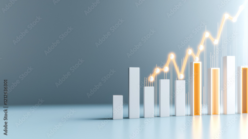 Poster Increasing bar graph with abstract lines on light gray backdrop, symbolizing growth and progress