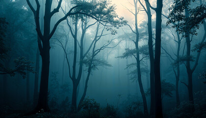 Misty morning in a dense forest