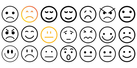 Emoji set outline PNG isolated on transferred background, happy emoji, angry emoji, mood of emoji, sad emoji and more emoji set