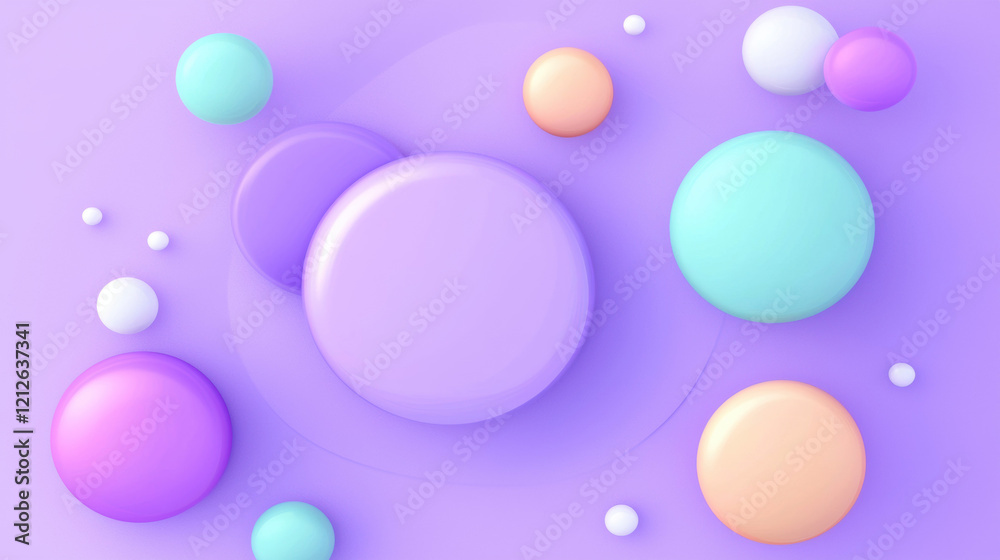Fototapete subtle purple background with abstract shapes and colorful spheres creating playful atmosphere