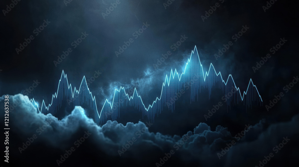 Poster digital representation of fluctuating data trends against dark, cloudy background evokes sense of mystery and depth