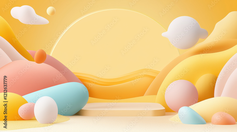 Poster warm yellow backdrop with abstract shapes creating serene landscape. soft curves and pastel colors e