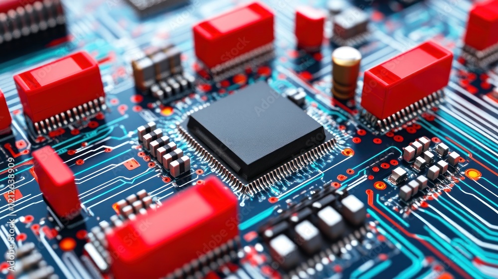 Poster Closeup view of a complex circuit board with integrated chip