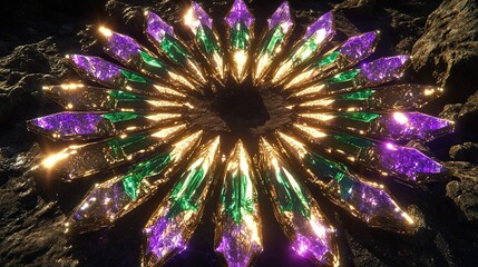 A perfectly symmetrical circular array of glowing crystals