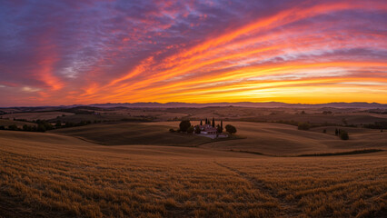 Obraz premium A panoramic view of a sunset over a rural landscape