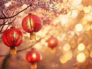Obraz premium Beautiful Red Lanterns Hanging Among Cherry Blossom Trees Captured in Soft Sunrise Light, Creating a Magical Atmosphere of Tranquility and Celebration