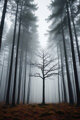 Fototapeta premium arafed tree in a foggy forest with a sun shining through the trees