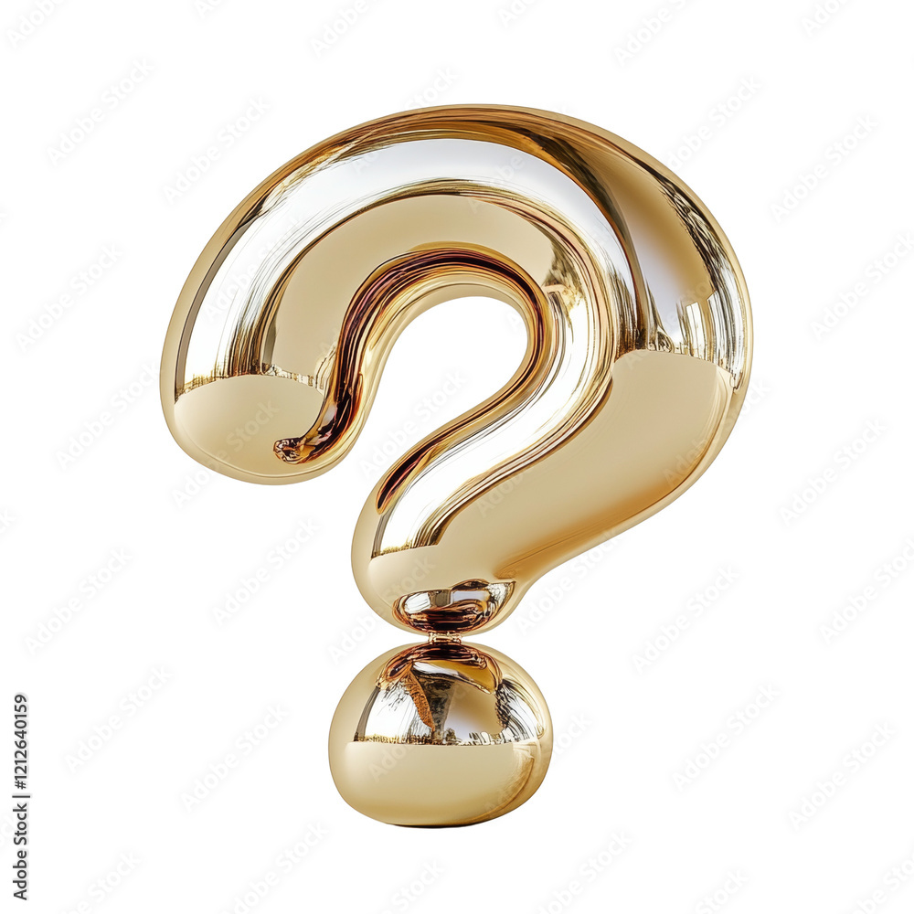 Poster A three dimensional golden question mark rests atop a smaller golden sphere serving as its base.