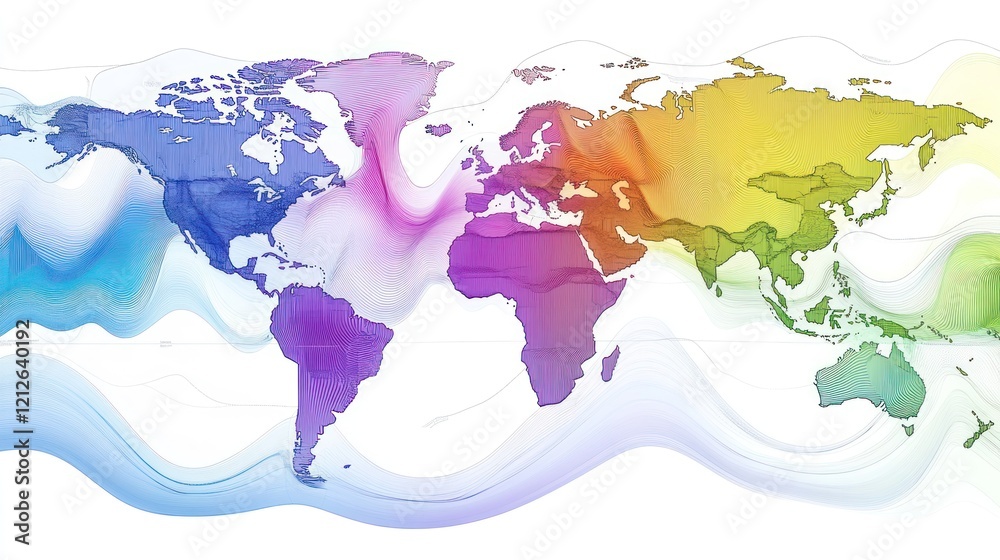 Poster Colorful World Map with Flowing Lines Abstract Design