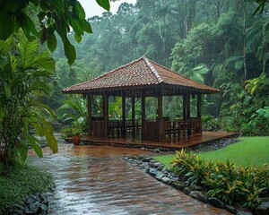 Rainy day serenity open pavilion amidst lush rainforest nature scene tranquil environment gigapixel high fidelity