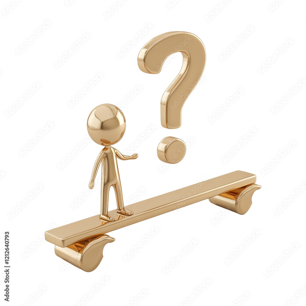 Poster A golden figure stands on a beam contemplating a large golden question mark above it symbolizing uncertainty and the search for answers.