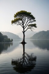 there is a lone tree sitting in the middle of a lake