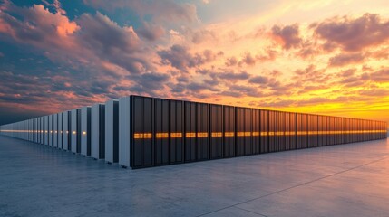 Obraz premium Electric Grid Renewable Energy Energy Storage concept. Futuristic High Tech Battery Storage System Amid Stunning Sunset Landscape