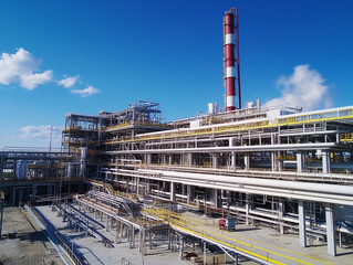 Fototapeta premium A large industrial refinery or chemical plant with extensive piping, storage tanks, and a tall chimney, under a clear blue sky.