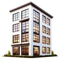 Fototapeta premium Modern white building featuring numerous windows and greenery in an urban setting during daylight isolated on transparent background.