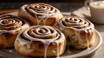 Freshly baked cinnamon rolls drizzled with icing, served on a plate with a cup of cream.
