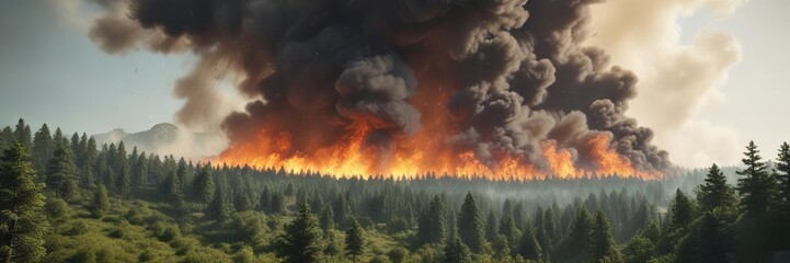 Wildfire consuming a lush green forest with thick smoke rising in the air, destroyed habitat, global warming