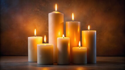 Pillar candles with flames illuminated, cut out on white 
