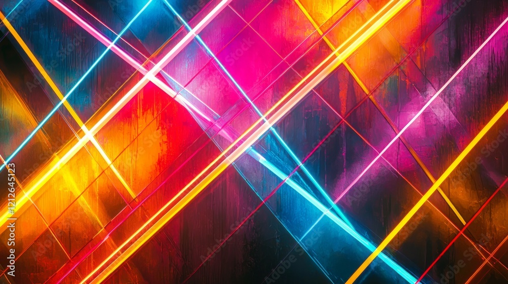 Poster Vibrant lines of neon light intersect sharply against a dark backdrop, creating a mesmerizing pattern reminiscent of an electrifying night in a bustling city. The colors pulse with energy