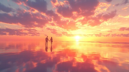 Fototapeta premium Romantic Sunset: Couple Holding Hands on the Beach with Heart-Shaped Clouds