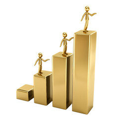 Three golden figures climb progressively taller golden bars symbolizing teamwork and achieving success.