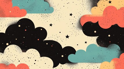 Artistic Celestial-Inspired Design Featuring Overlapping Black Stars and Curved Clouds in Retro Style