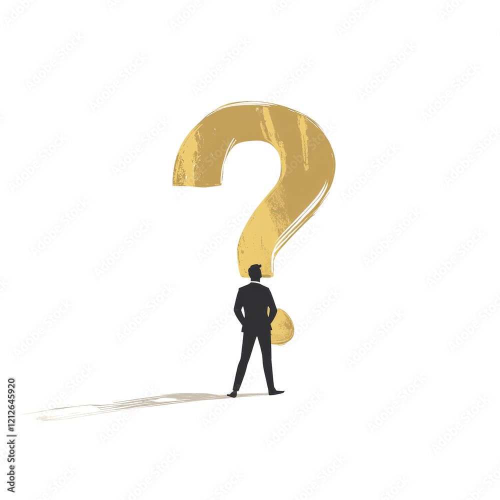 Poster a silhouette of a businessman stands before a large golden question mark symbolizing uncertainty and