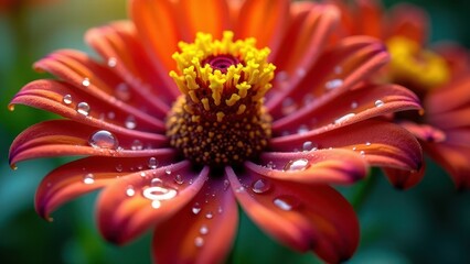 Close-up of an orange zinnia flower with dew drops	