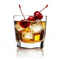 An elegant Old Fashioned with whiskey and cherry, displayed against an isolated white background,...