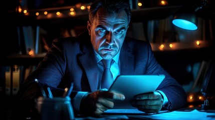 Man in Suit Working Late on Tablet