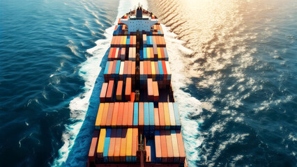 Global Trade: Aerial View of a Container Ship Navigating the Ocean at Sunrise for International Shipping