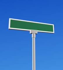 3D Blank Green Street Sign Against A Vibrant Blue Clear Sky