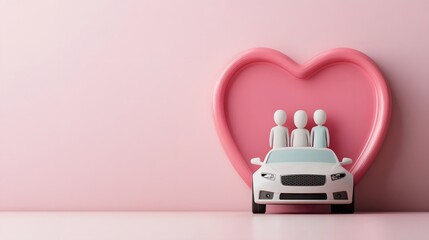 Family Car Shielded by Heart Shape,Illustrating Safety and Care Concept in 3D Rendering