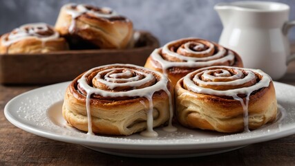 A plate of freshly baked cinnamon rolls drizzled with icing, served for dessert.