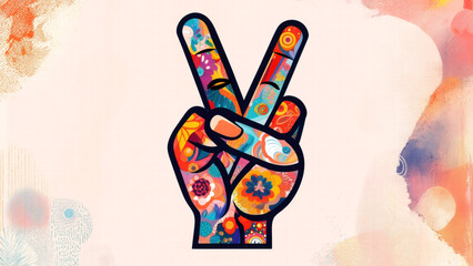 Colorful Peace Sign Hand: A Symbol of Harmony, Creativity, and Positivity with Vibrant Artistic Patterns