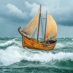 Obraz premium Sailing Boat in Stormy Sea