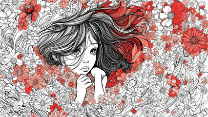 Whimsical Beauty. A Girl Amidst a Vibrant Bloom of Red and White Flowers in Intricate Line Art