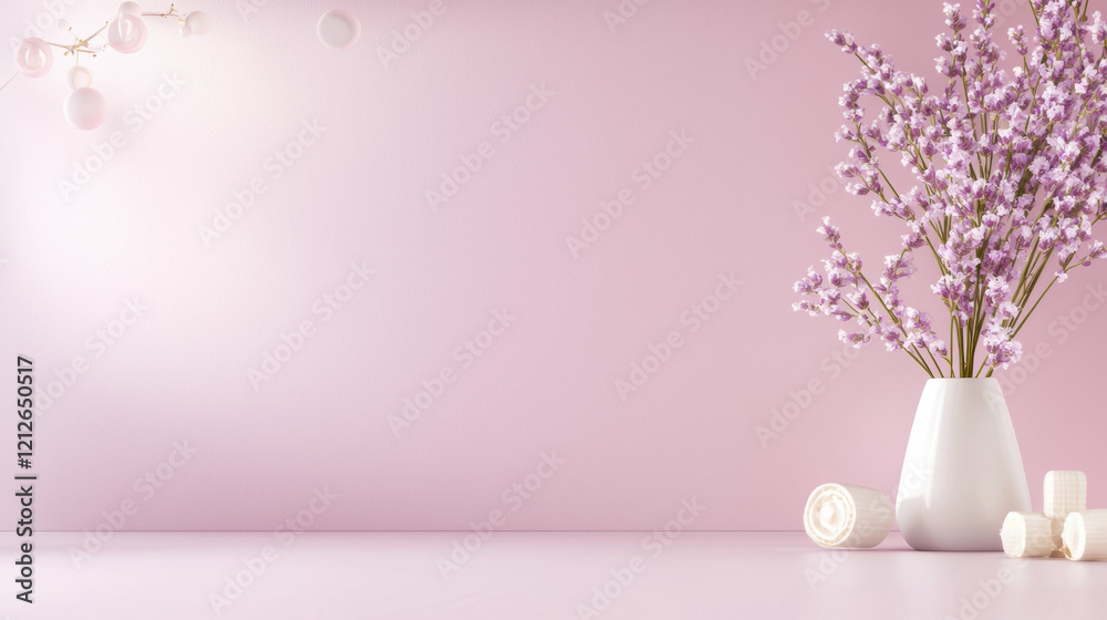 Poster calming lavender arrangement in white vase against soft pink background. perfect for creating serene