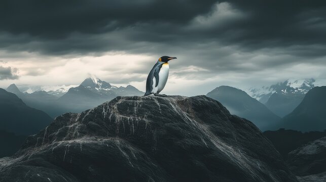King Penguin on Mountaintop Under Stormy Skies