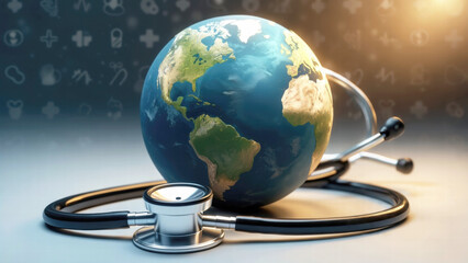Planet Earth with a Stethoscope, A Symbol of Global Healthcare, Medical Support, and Sustainability for a Healthier World